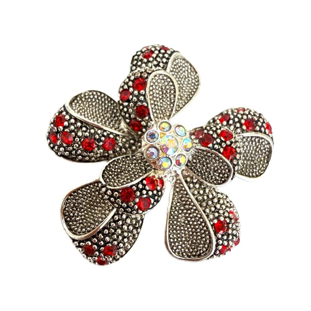 Vintage Silver Tone Textured Flower Brooch Pin Red AB Rhinestone Center
